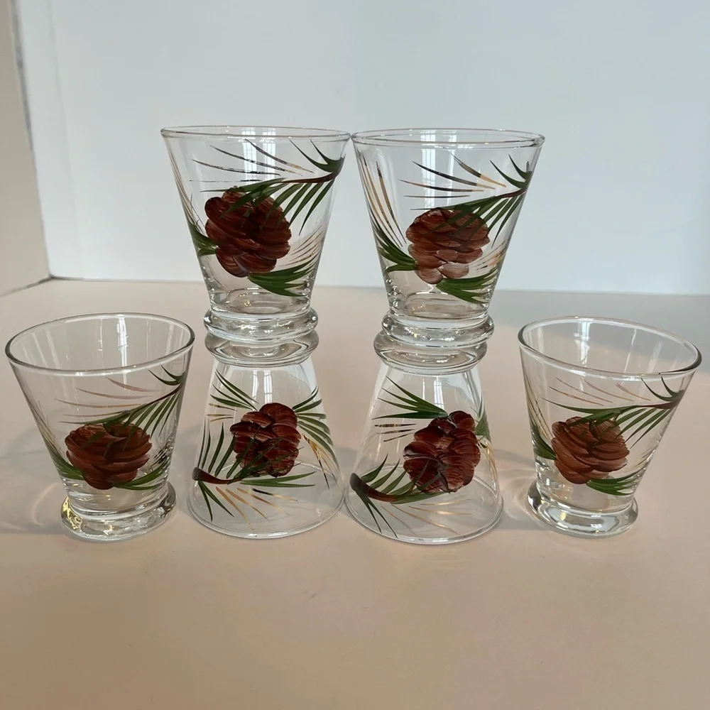 Rare Vintage Cocktail Shaker and Six Glasses Hand-painted Pine and Pinecones